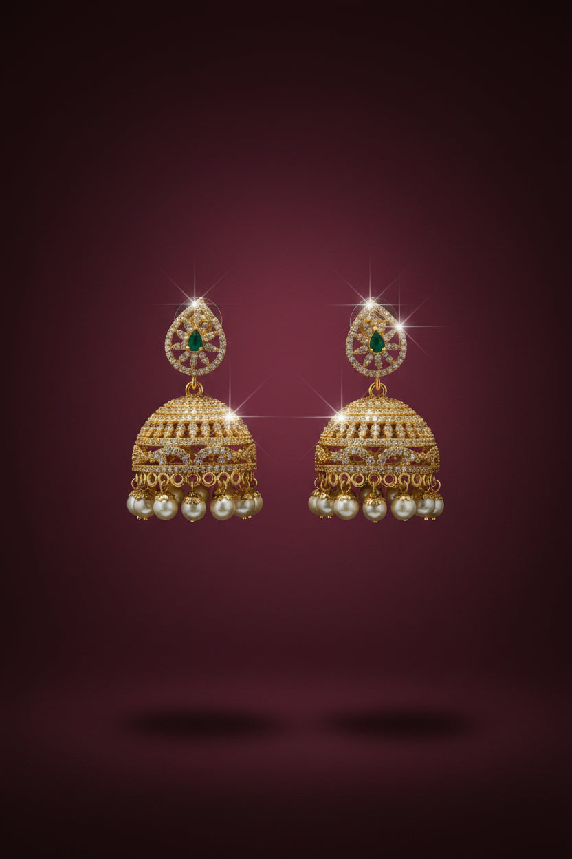 Royal CZ Pearl Jhumka Earrings