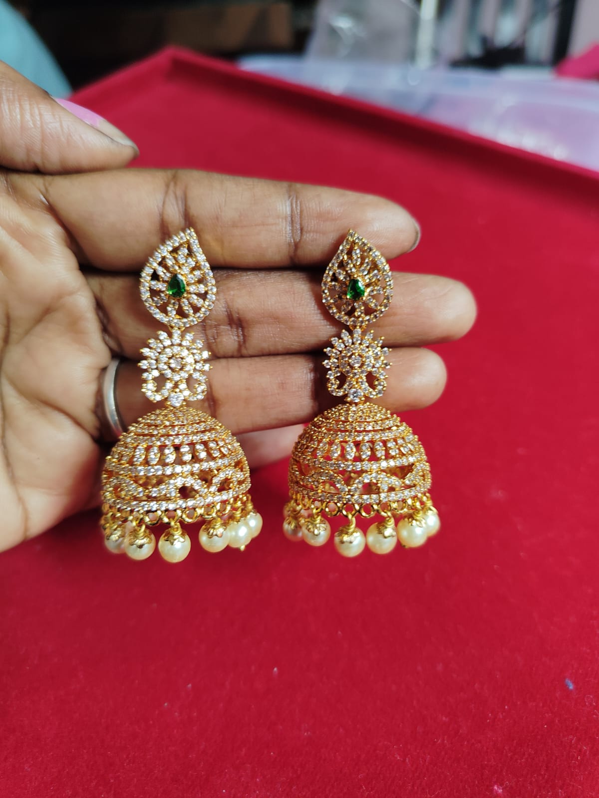 Royal CZ Pearl Jhumka Earrings