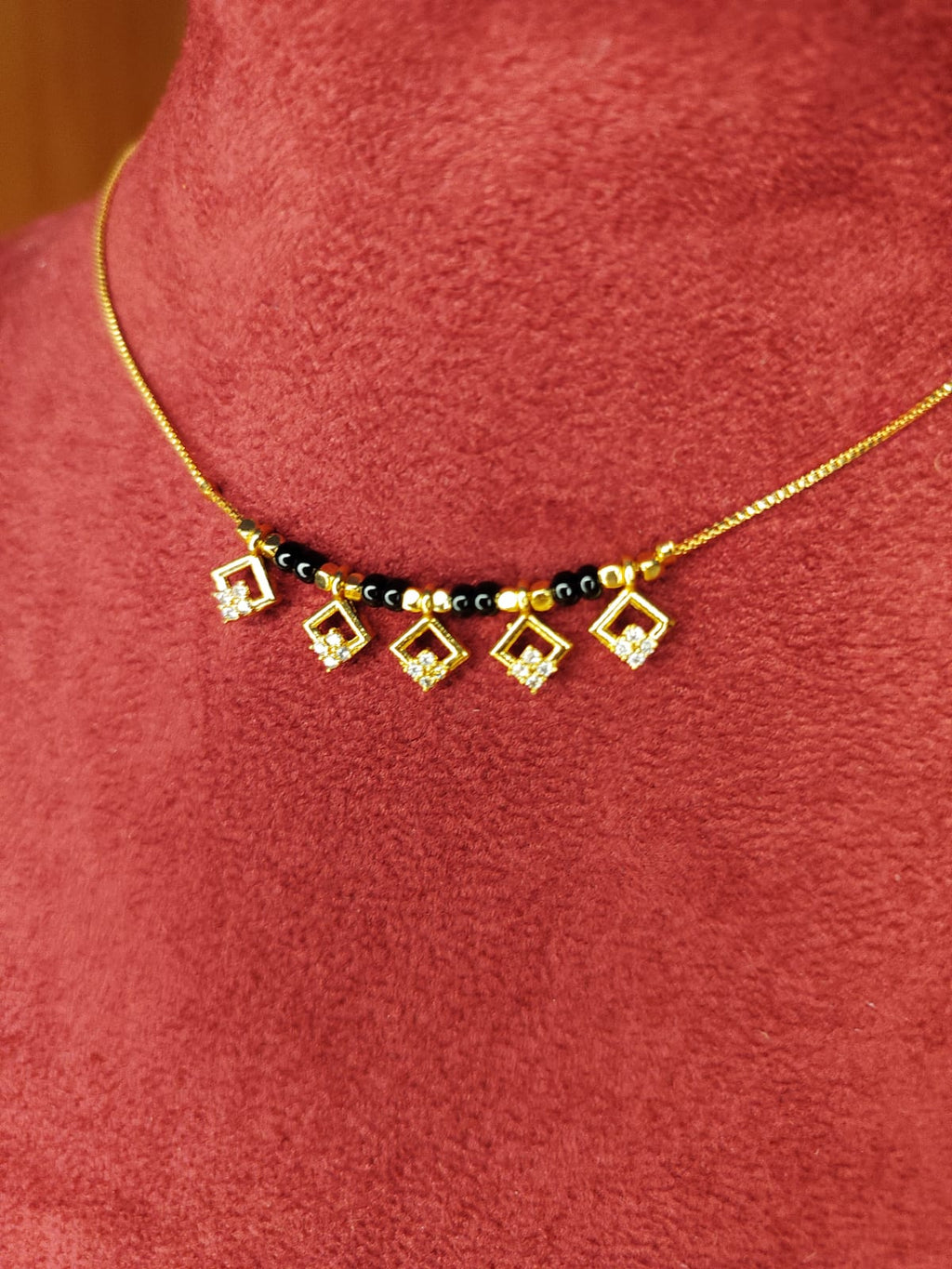 Diamond Charm Black Beads Mangalsutra Chain Gold Replica for Women