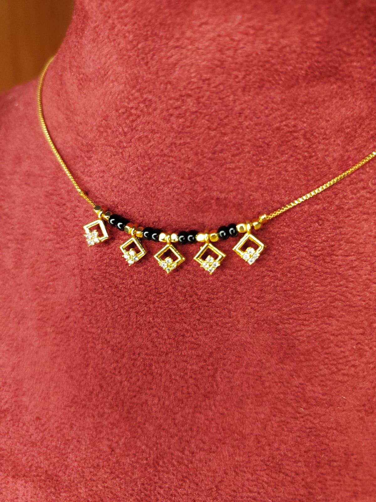 Diamond Charm Black Beads Mangalsutra Chain Gold Replica for Women