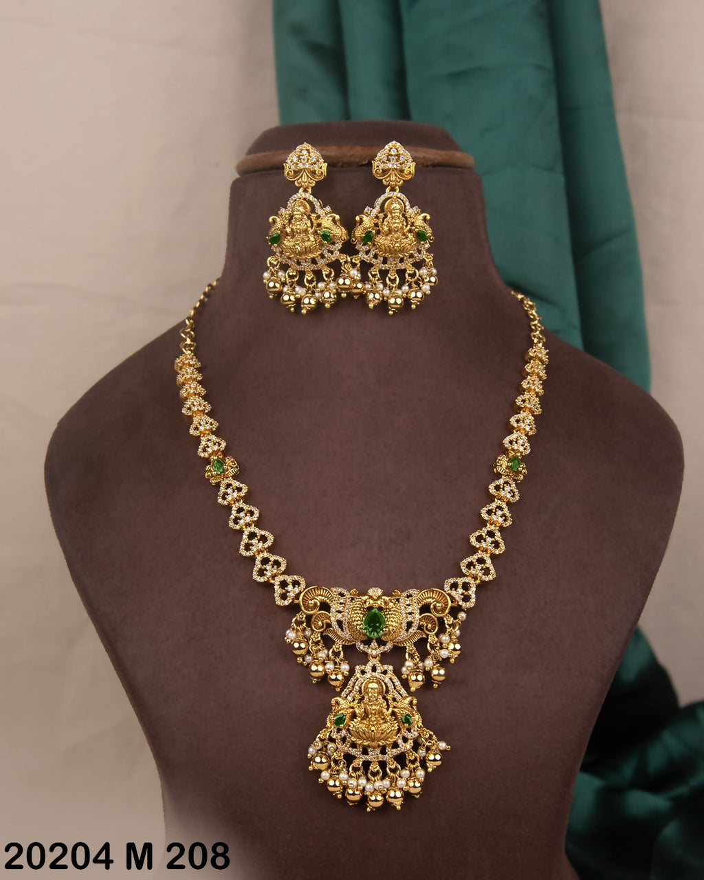 Emerald Lakshmi Temple Necklace Set for Women | Premium Gold Replica Jewellery