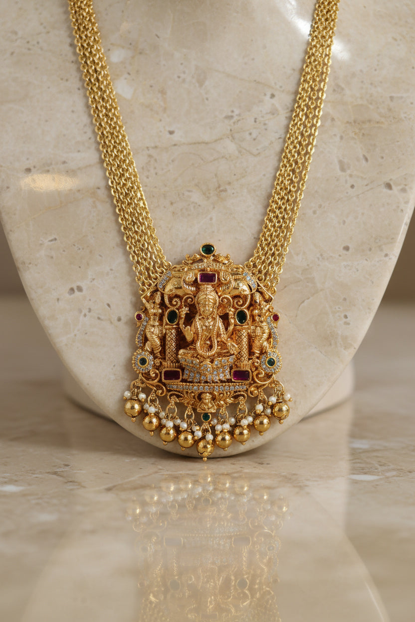 Lakshmi Devi Chandraharam Necklace Set Gold Plated Temple Jewellery with Matching Earrings for Women
