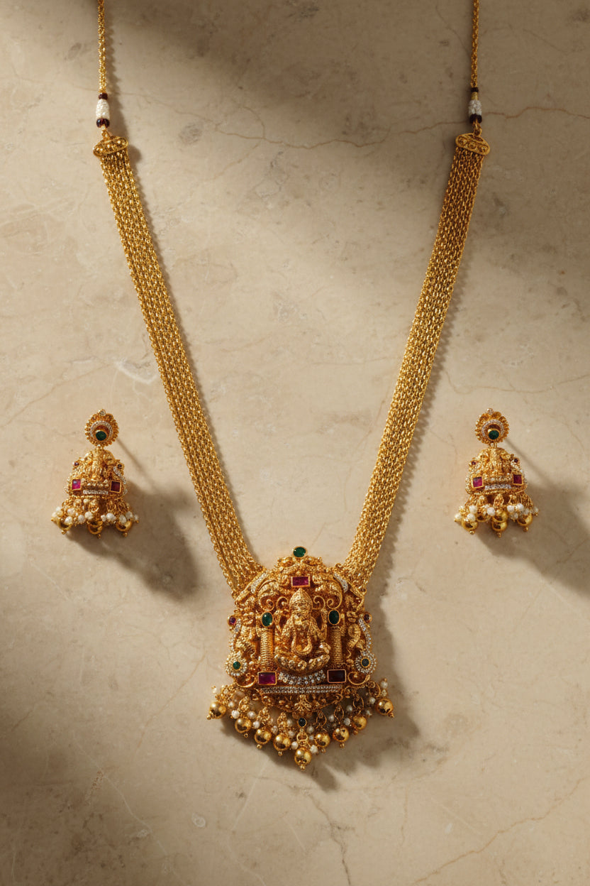 Lakshmi Devi Chandraharam Necklace Set Gold Plated Temple Jewellery with Matching Earrings for Women