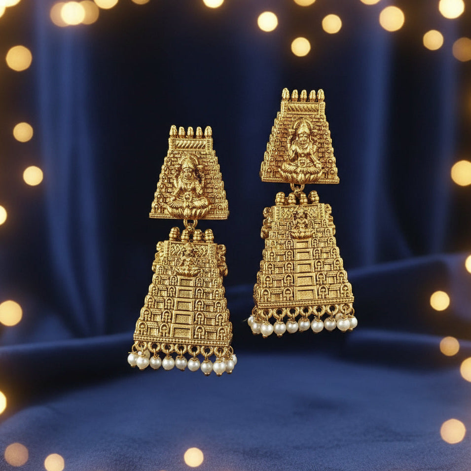 Lakshmi Devi Temple Gopuram Earrings with Pearl Beads Gold Replica Jewellery