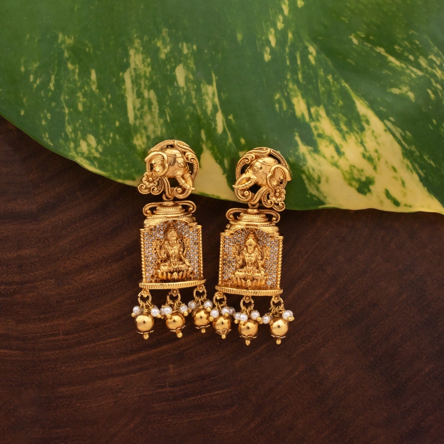 Lakshmi Devi Temple Jhumka Earrings with Pearl Beads Gold Replica Jewellery