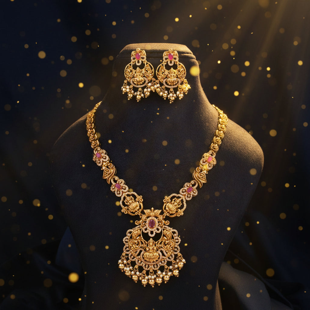 Lakshmi Devi Temple Necklace Set with ruby stones, pearl drops, and matching traditional earrings.